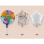Three birthday foil balloons, including round and star shapes, with curled ribbons.