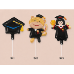 Three graduation-themed foil balloons on sticks, including a cap and two character balloons.
