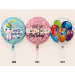 Three birthday balloons with unicorn and birthday messages