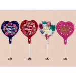 Four heart-shaped Mother's Day balloons on sticks in blue, red, white, and pink