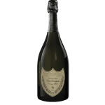 A bottle of Dom Pérignon vintage champagne with a beige label