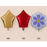 Three foil balloons: gold star, red star, and a purple flower shape.