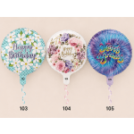 Three birthday balloons with floral prints and curled ribbons