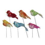 Six colorful decorative bird picks on thin stems