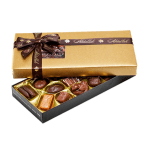 Box of assorted chocolates with a gold lid and brown ribbon
