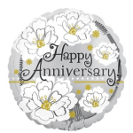 Round silver foil 'Happy Anniversary' balloon with white and gold floral graphics