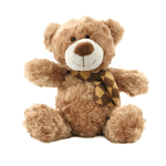 Plush teddy bear with a patterned scarf on a white background
