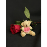 Red rose with a small teddy bear holding a pink heart