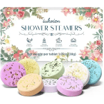 Box of colorful shower steamers with floral packaging