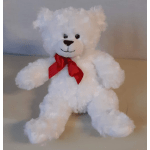 White teddy bear with a red ribbon sitting on a surface