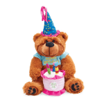 Birthday teddy bear plush with party hat holding a pink cake with candles