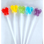 Five colorful wrapped lollipops on white sticks