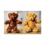 Two plush teddy bears with ribbon bows, one brown and one golden