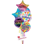Cluster of colorful birthday balloons with printed messages.