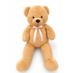 Plush teddy bear with a pink ribbon bow on a white background