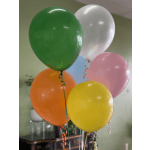 Cluster of colorful helium balloons in green, white, pink, orange, and yellow