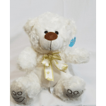 White teddy bear with a paw-print ribbon