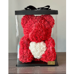 Red rose teddy bear in a clear gift box with a white heart