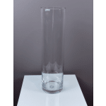 Tall clear glass cylinder vase on a white surface