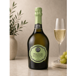Bottle of prosecco beside a filled champagne flute and grapes