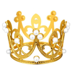 Gold crown with pearl-like beads on a white background