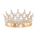 Gold jeweled crown with clear rhinestones on a white background