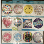 Assorted packaged foil balloons with birthday, love, and get well messages.