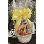 Gift basket with candy bars wrapped in clear cellophane and a yellow bow