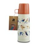 Printed thermos flask with bird illustrations and a hanging tag