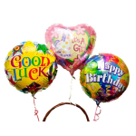 Three birthday and good luck balloons tied together