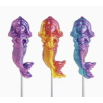Three colorful mermaid-shaped lollipops on sticks