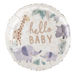 Round balloon with "hello BABY" text and safari animals