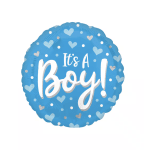 Blue round balloon with hearts and the words It's A Boy
