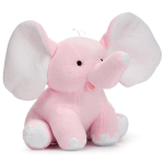 Pink plush elephant toy with large white ears