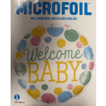 Round foil balloon reading "Welcome Baby" with colorful polka dots