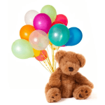 Teddy bear with a bunch of colorful balloons