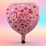 Pink heart-shaped balloon with "Love you!" text and heart decorations