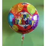 Round birthday balloon with colorful "Happy Birthday!" text