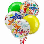 Cluster of colorful foil balloons with messages like "You are the Best" and "Thinking of You"