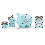 Set of blue polka-dot baby keepsake boxes and a piggy bank