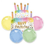 Birthday cake-shaped balloon bouquet with colorful round balloons