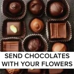 Assorted chocolates in paper cups with text reading send chocolates with your flowers
