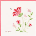 Quilled pink and red flowers with a bee on a white card reading Be Mine