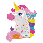 Unicorn-shaped foil balloon with pink, white, yellow, and purple accents