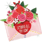 Heart-shaped balloon with pink roses and the words "sending all my love"