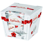Boxed Ferrero Raffaello candy gift set with red ribbon graphics