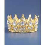 Gold jeweled crown with clear teardrop crystals on a blue background