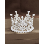 Silver jeweled crown with pearl accents on a brown box