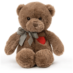 Brown teddy bear with a checkered bow and red heart patch