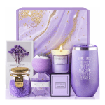 Purple gift set with candle, bath items, and a floral card